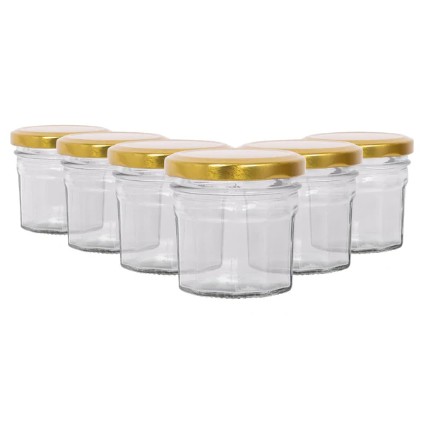 Argon Tableware 90ml Glass Jam Jars with Lids - Pack of 6 - Gold Lid