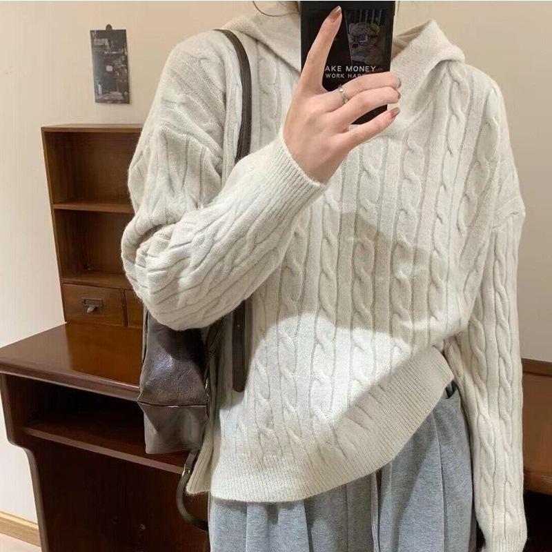 Boho Berry Hooded Sweater Women Autumn Winter Vintage Long Sleeve Solid Pullover Casual Thicken Knitted Solid Jumpers One Size