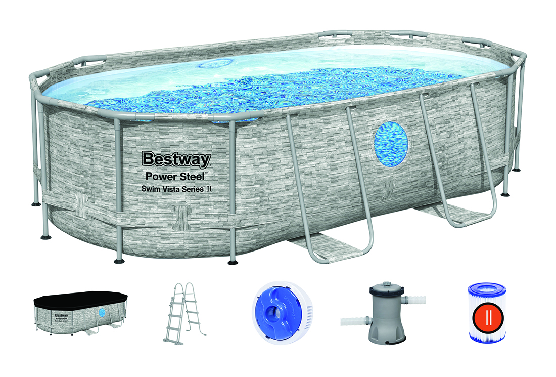 Bestway 14ft x 8ft 2 x 39.5in Power Steel Swim Vista Series Oval Pool Set