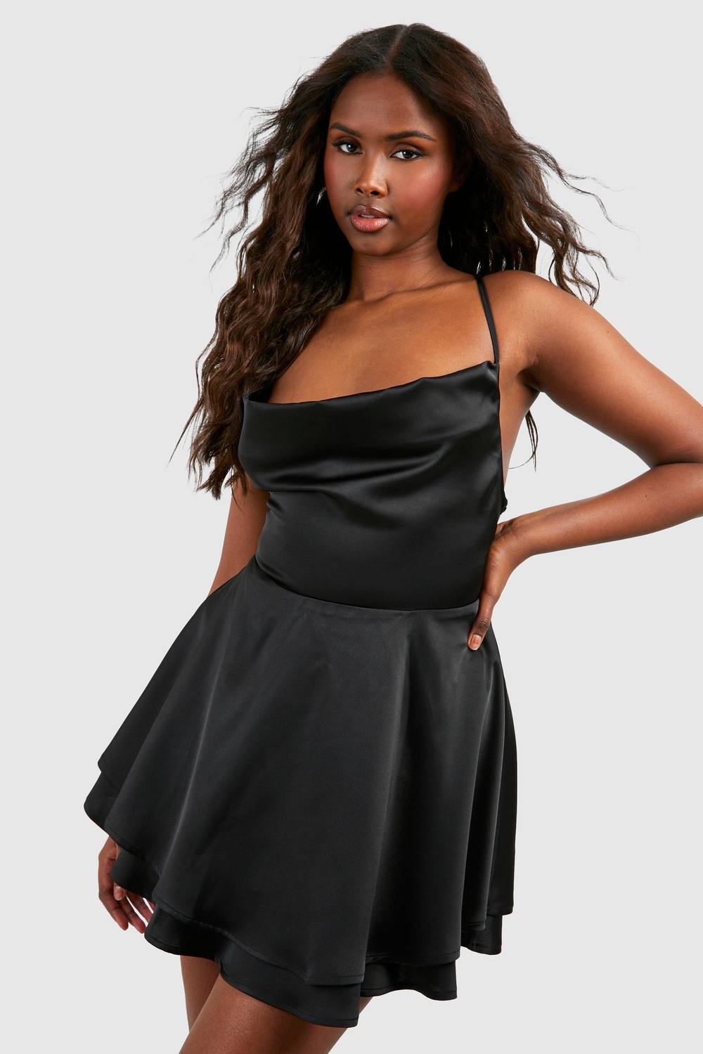 Boohoo Satin Double Hem Skater Dress