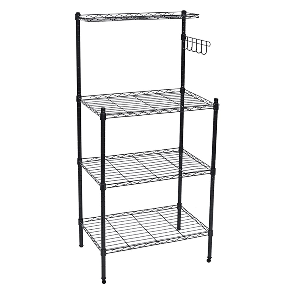 Living And Home Black Metal 4-Tier Microwave Storage Rack with Hooks