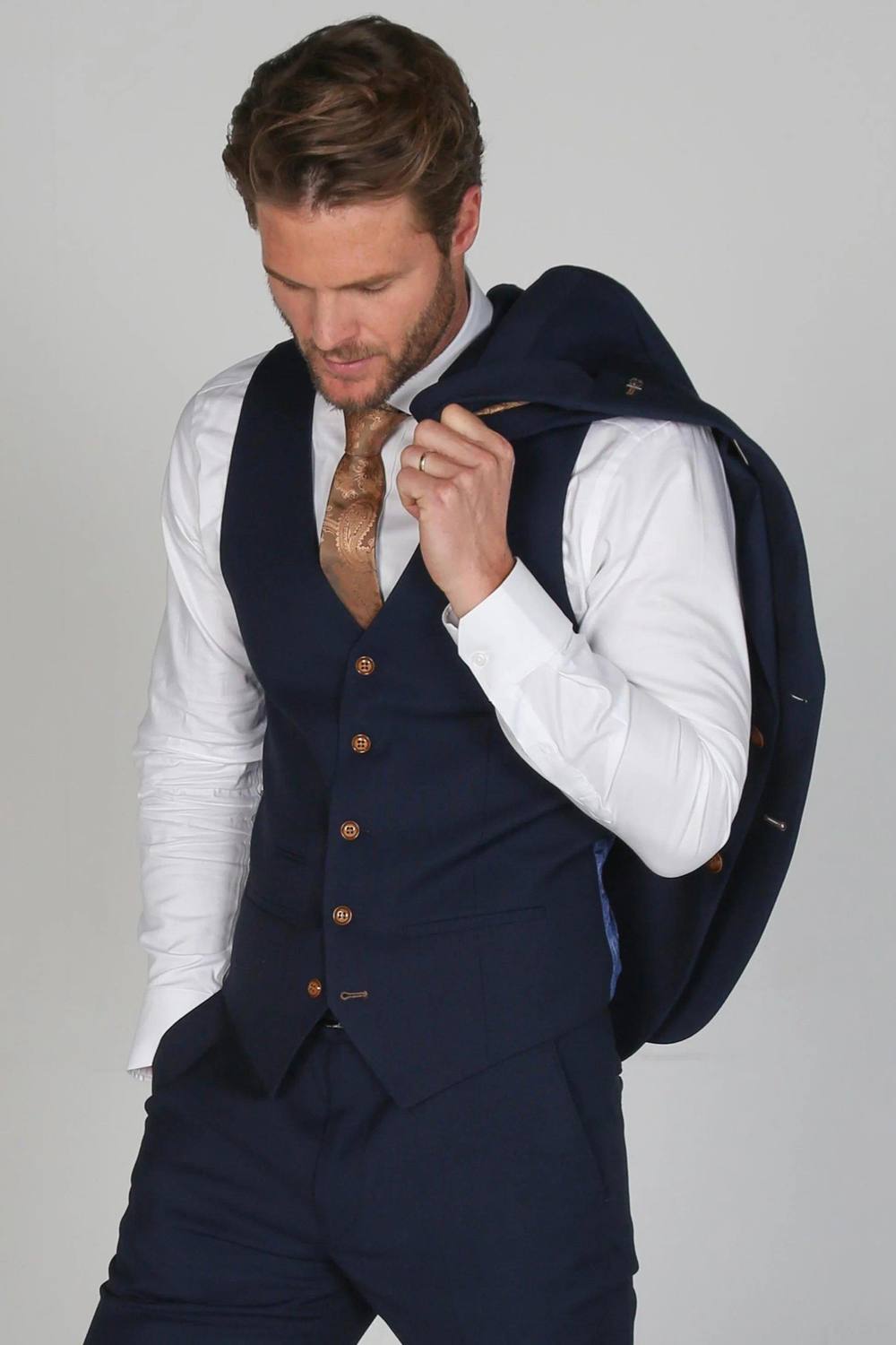 Paul Andrew Men Mayfair Birdseye Waistcoat Wedding Prom Attire in Navy | Size: 42R