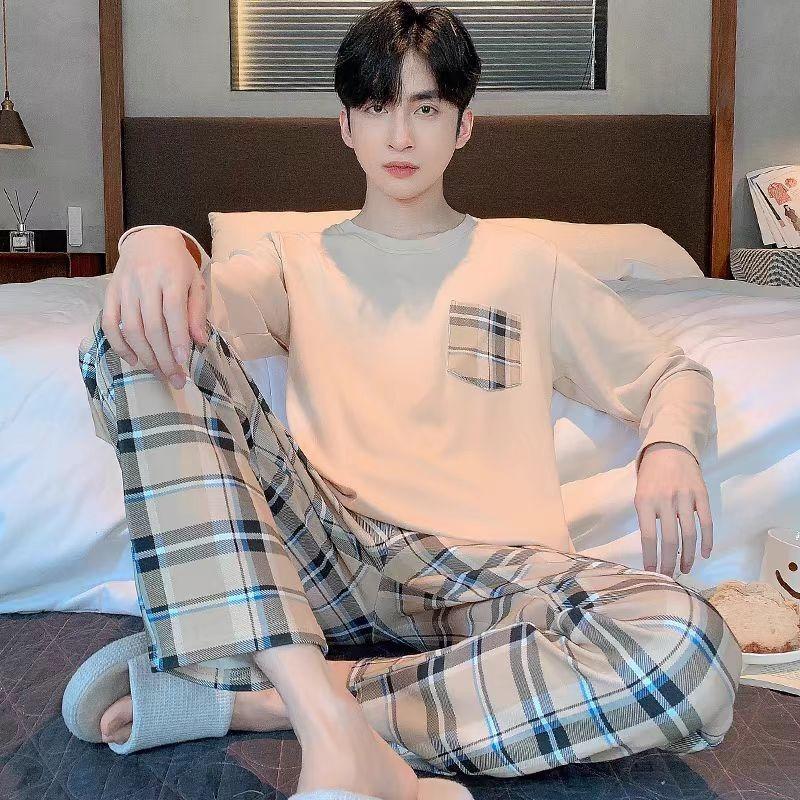 WEFT Men's Pyjamas Collection Fall and Winter Plaid Solid Color Student Pyjamas, Home Wear, Tops and Pants, Pyjamas, Loungewear L