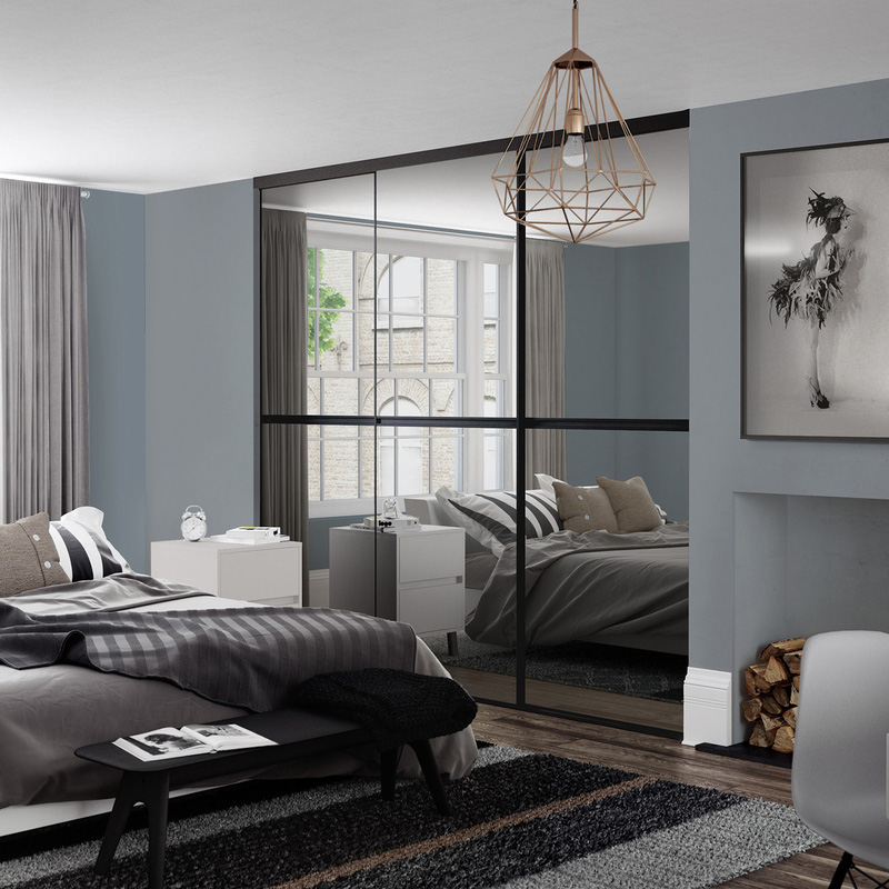 Spacepro Minimalist 3 Door Sliding Wardrobe Kit Black Framed Mirror Doors 2246 x 2260mm in Silver Aluminium/Glass