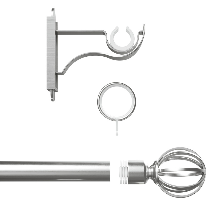 Rothley Curtain Pole Kit with Cage Orb Finials & Rings Brushed Stainless Steel 25mm x 1219mm in Silver Steel/Stainless Steel