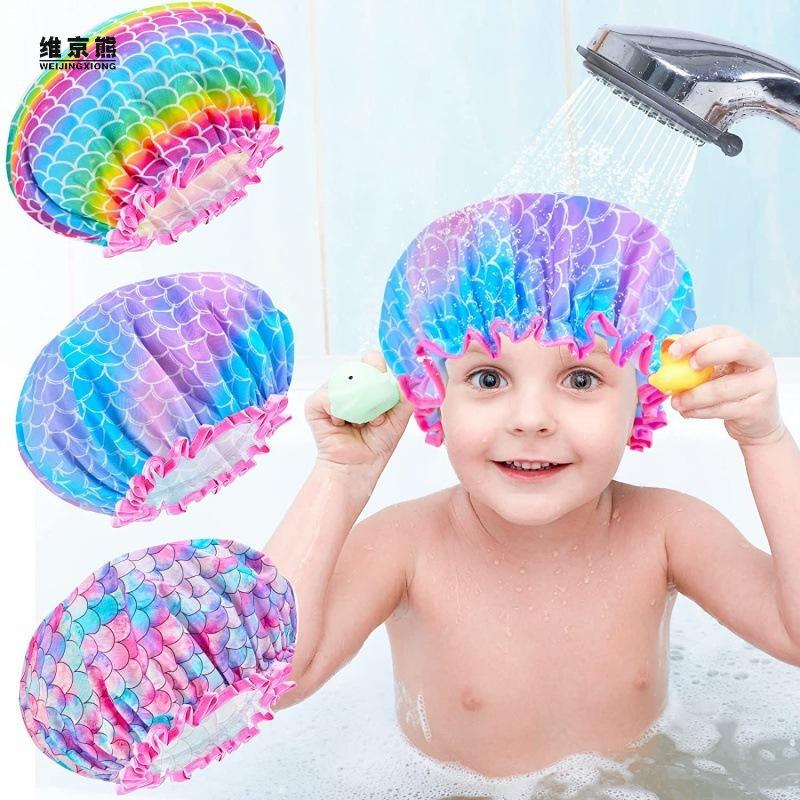 DIYelecs Children's shower cap new printed cartoon double layer girl shower cap baby shower cap cute