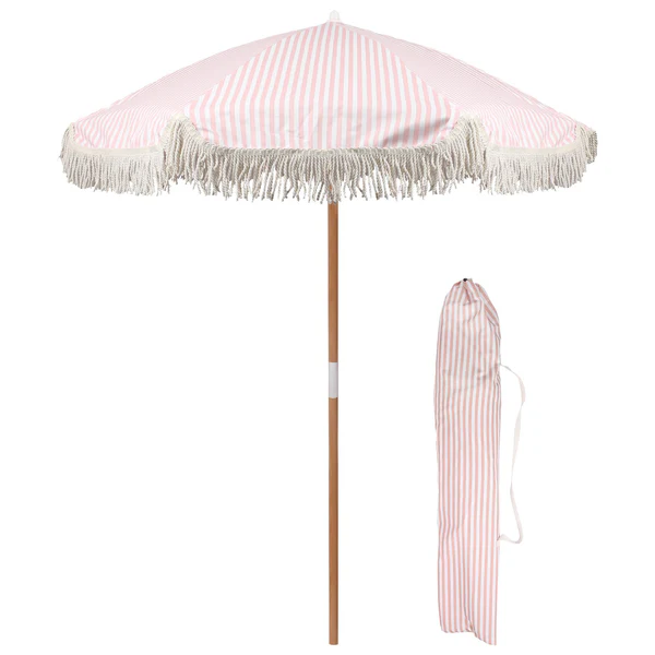Harbour Housewares 1.4M Wooden Garden Parasol With Tassel Fringe Portable Free-Standing Umbrella With Carry Bag - Pastel Pink Stripe - Upf30+