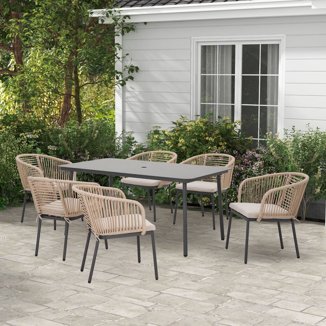 Malay Oxford 7 Piece Dining Set - Grey & Rattan