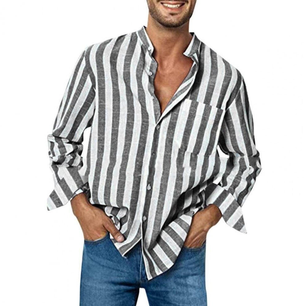 Men Striped Casual Shirts Linen Stand Collar Pockets Long Sleeve Shirts Button Down Streetwear Shirts for men camisa masculina