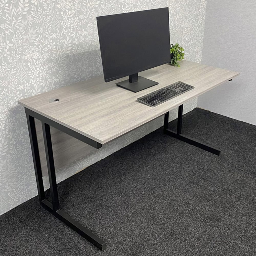  Grey Office Desk With Sturdy Iron Legs Wooden Room Furniture For Home, Study And Office