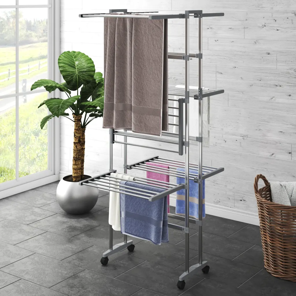 VidaXL 3-Tier Laundry Drying Rack with Wheels Silver Clothes Drying Stand