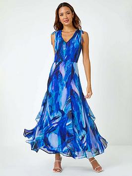 Abstract Print Frill Maxi Dress