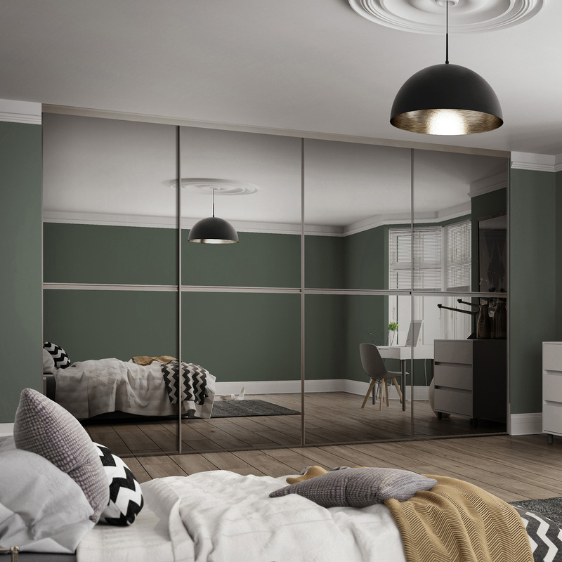 Spacepro Minimalist 4 Door Sliding Wardrobe Kit Framed Mirror Doors 3616 x 2260mm in Silver Aluminium/Glass